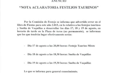 NOTA ACLARATORIA FESTEJOS TAURINOS FERIA 2015