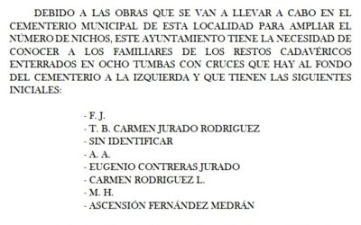 ANUNCIO: OBRAS EN CEMENTERIO. DESPLAZAMIENTO DE ENTERRAMIENTOS.