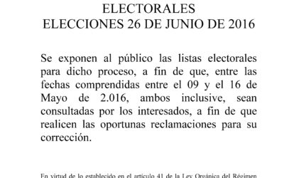 EXPOSICIÓN PÚBLICA LISTAS ELECTORALES ELECCIONES 26 DE JUNIO DE 2016