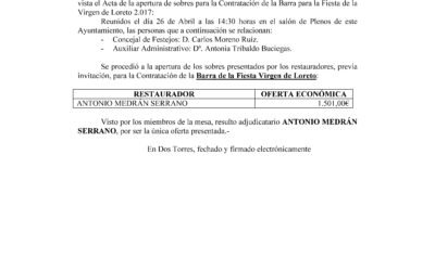 ADJUDICACIÓN DE LA BARRA VIRGEN DE LORETO 2017