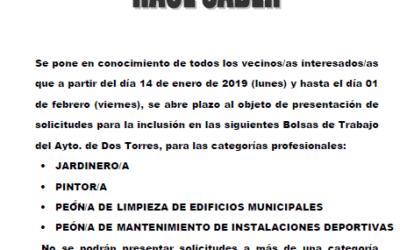 Bolsas de trabajo JARDINERO/A,  PINTOR/A, PEON/A DE LIMPIEZA DE EDIFICIOS MUNICIPALES, PEÓN MANTENIMIENTO DE INSTALACIONES DEPORTIVAS