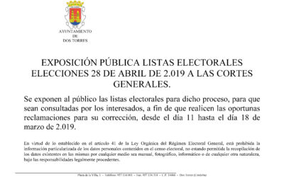 EXPOSICIÓN PÚBLICA LISTAS ELECTORALES ELECCIONES GENERALES 28 ABRIL DE 2019