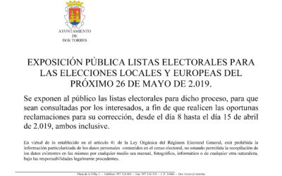 EXPOSICIÓN PÚBLICA LISTAS ELECTORALES PARA LAS ELECCIONES LOCALES Y EUROPEAS DEL PRÓXIMO 26 DE MAYO DE 2019