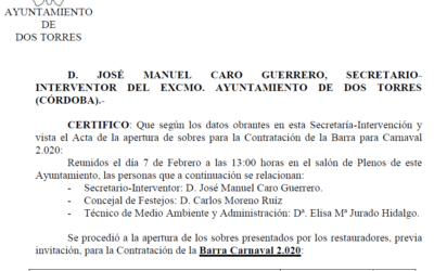 ADJUDICACIÓN BARRA CARNAVAL 2020 PARA EL 22 DE FEBRERO